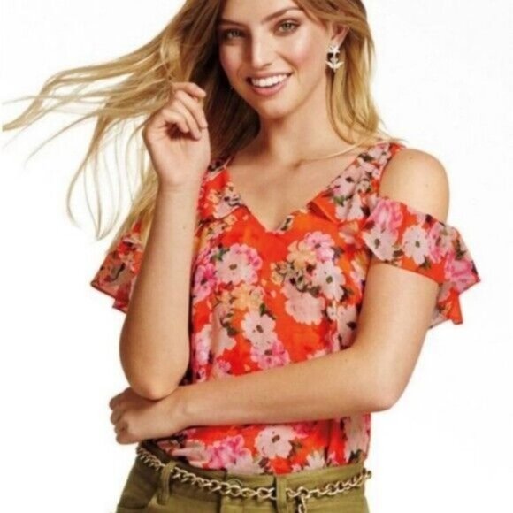 CAbi 5352 Lush Red Pink Floral Cold Shoulder Flutter Sleeve Blouse Women's Small - Picture 7 of 7